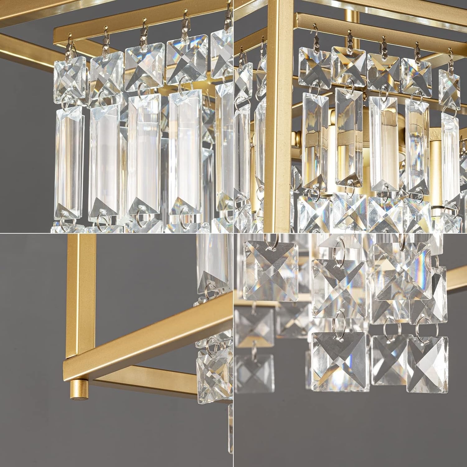 Modern Gold Crystal Square Chandelier | Adjustable Foyer & Kitchen Island Pendant (15.7")
