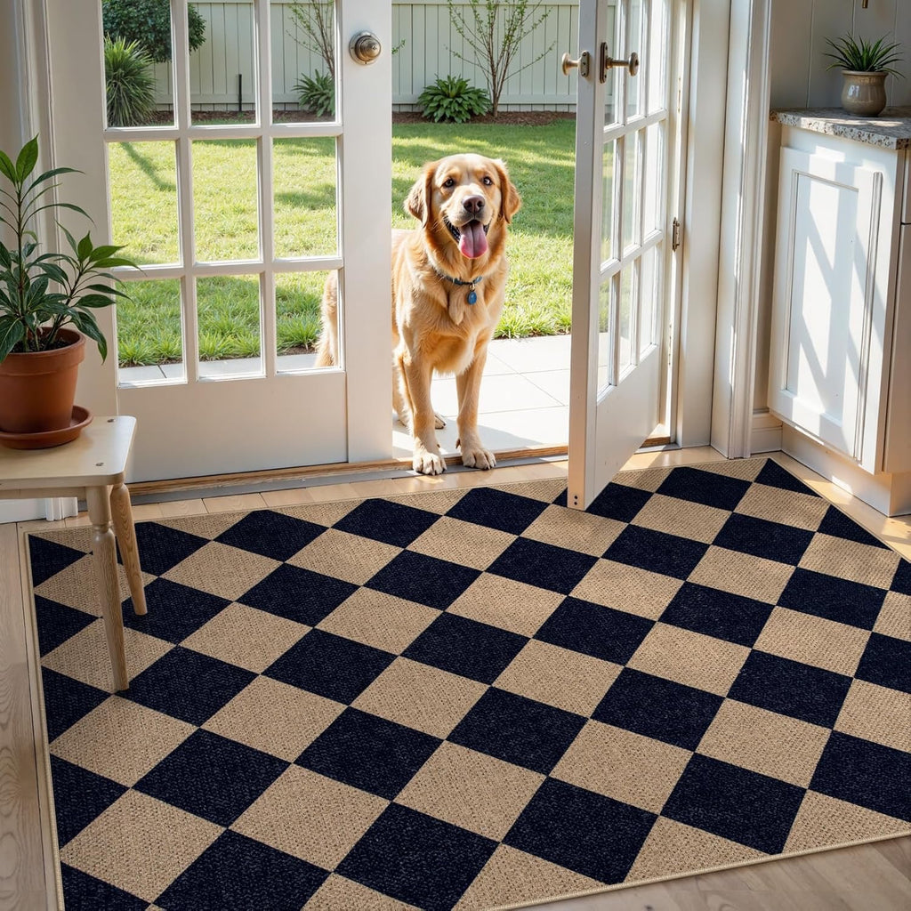 Lahome Colette Checkered Easy Jute Entry Rug 3x5 | Black Farmhouse Indoor/Outdoor Washable Rug