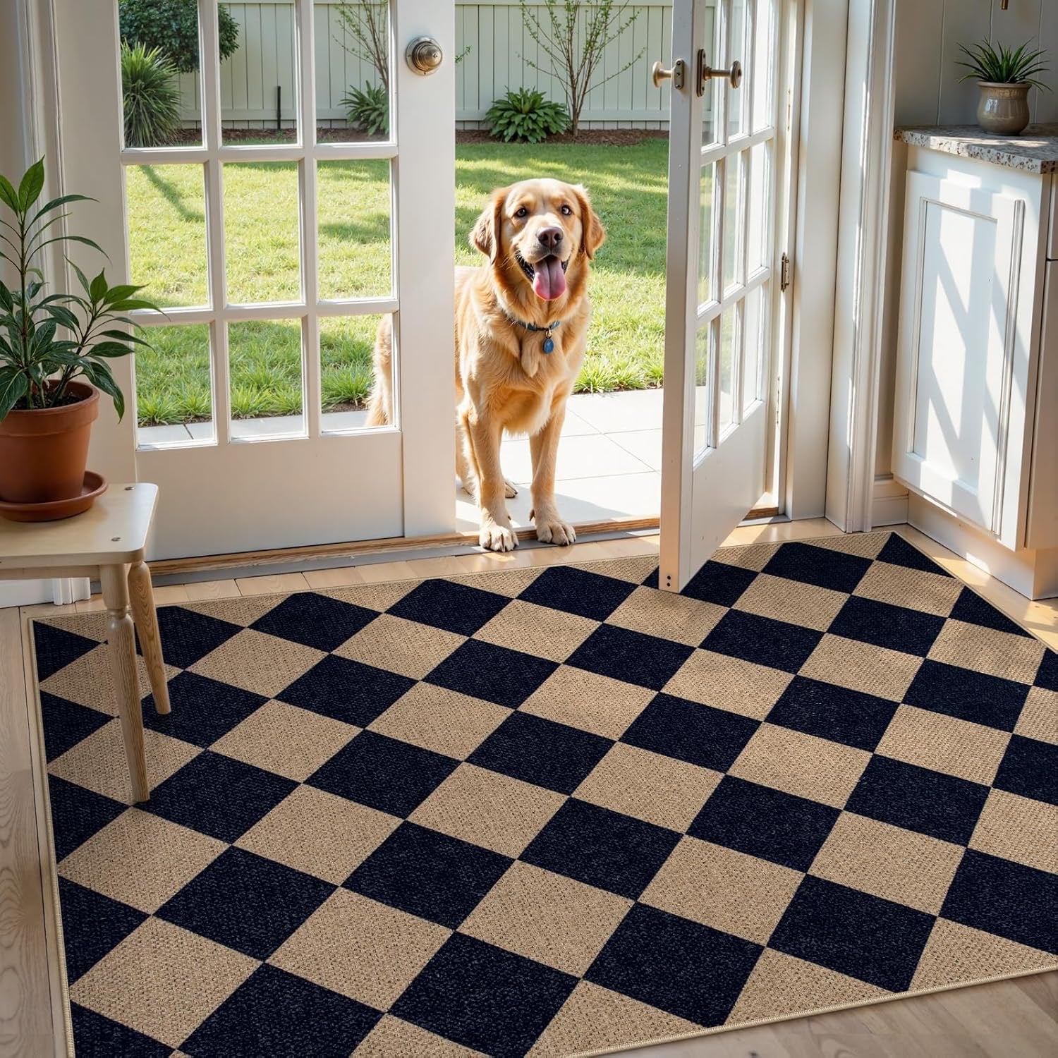 Lahome Colette Checkered Easy Jute Entry Rug 3x5 | Black Farmhouse Indoor/Outdoor Washable Rug