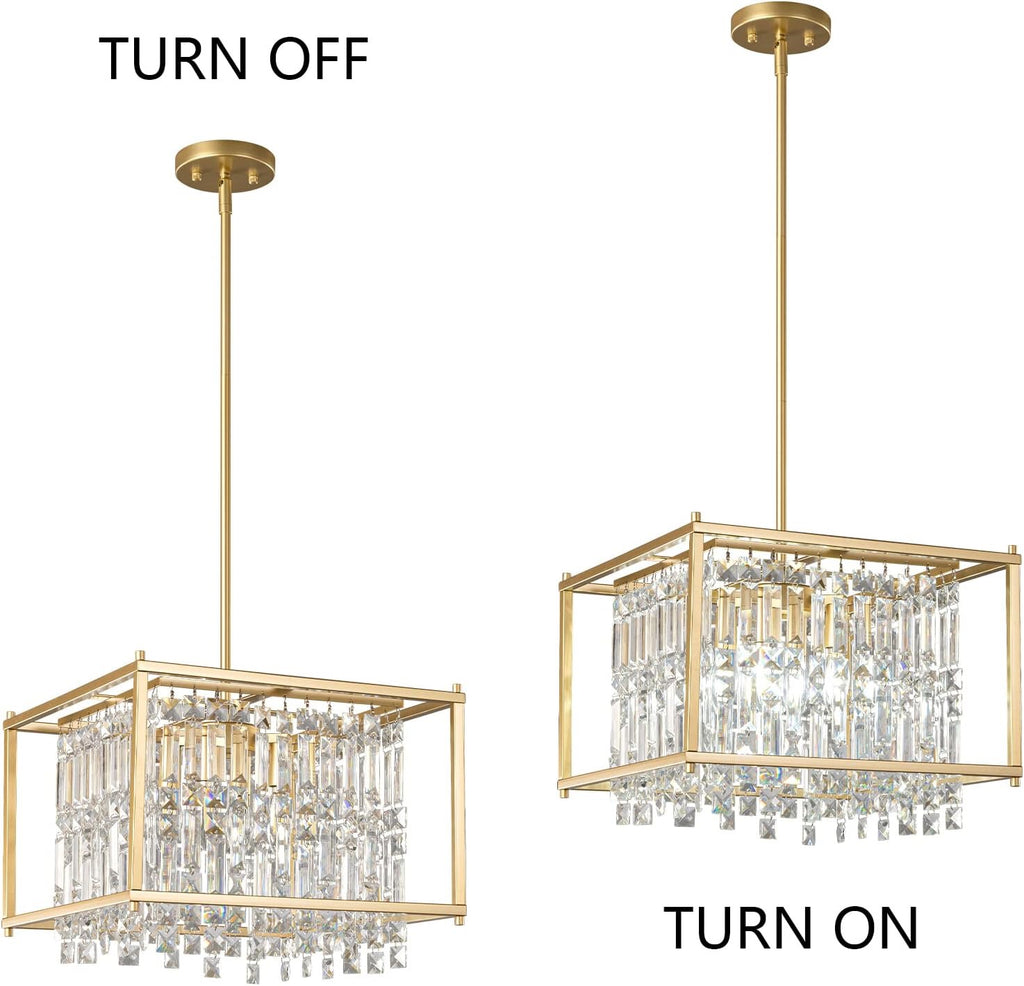 Modern Gold Crystal Square Chandelier | Adjustable Foyer & Kitchen Island Pendant (15.7")