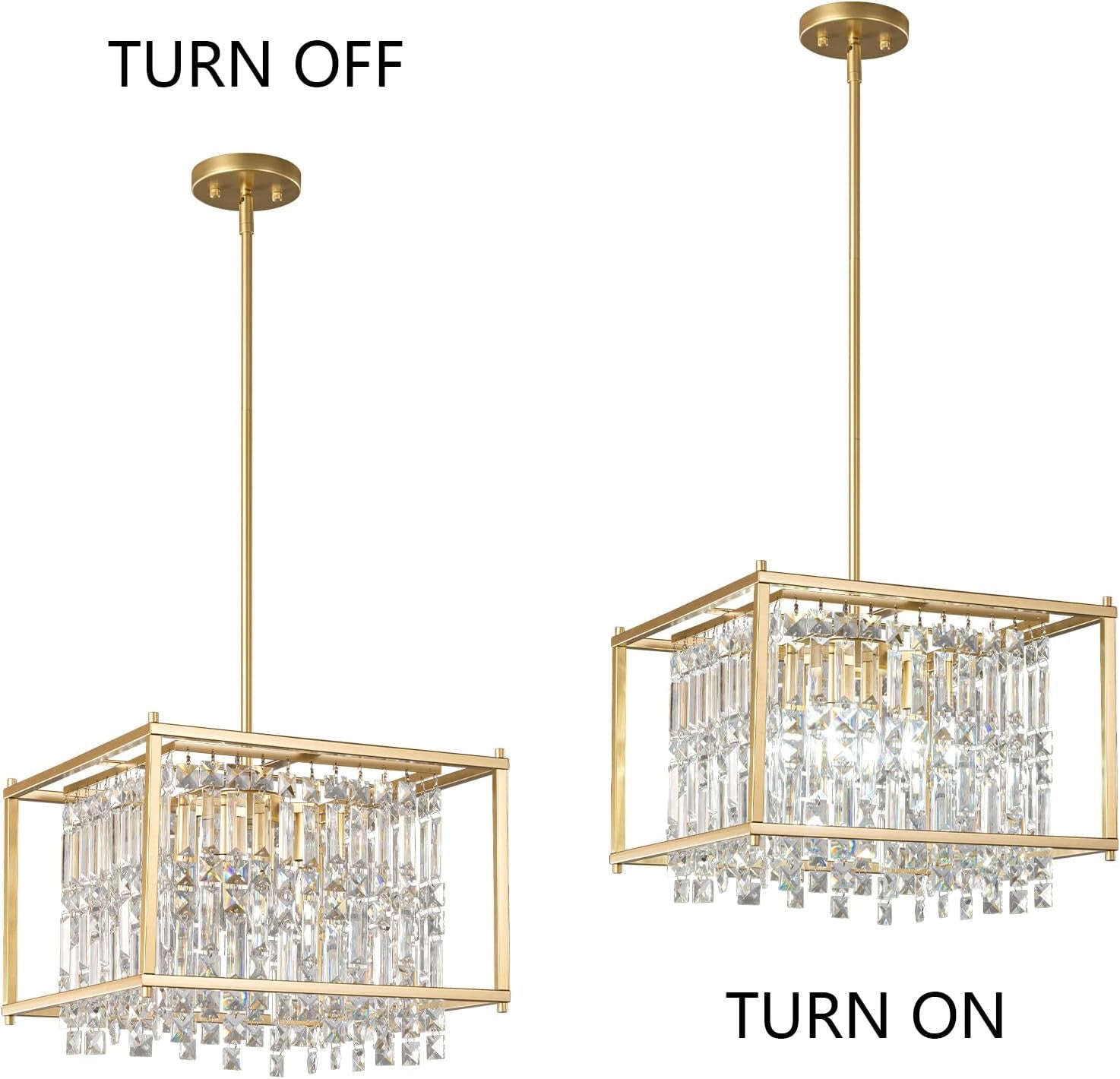 Modern Gold Crystal Square Chandelier | Adjustable Foyer & Kitchen Island Pendant (15.7")