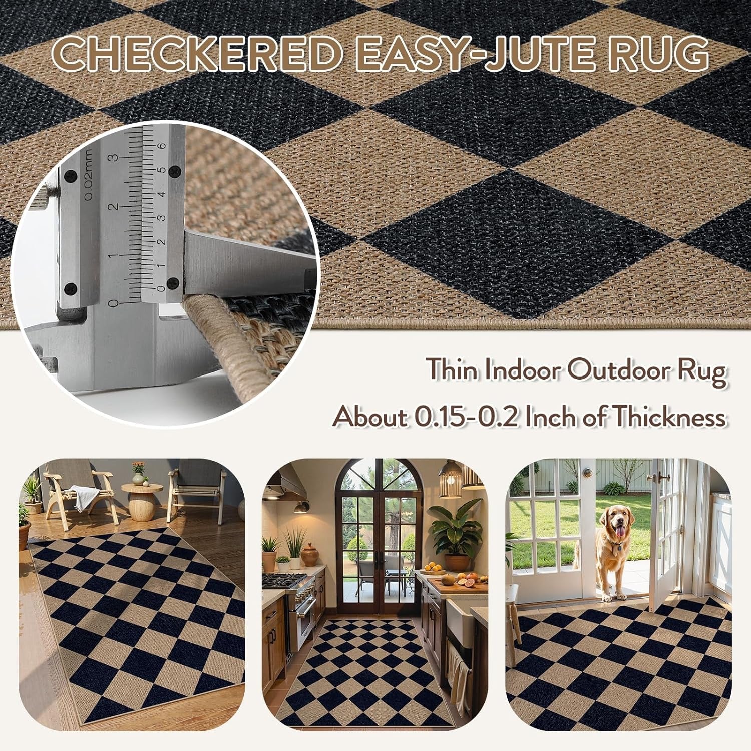 Lahome Colette Checkered Easy Jute Entry Rug 3x5 | Black Farmhouse Indoor/Outdoor Washable Rug