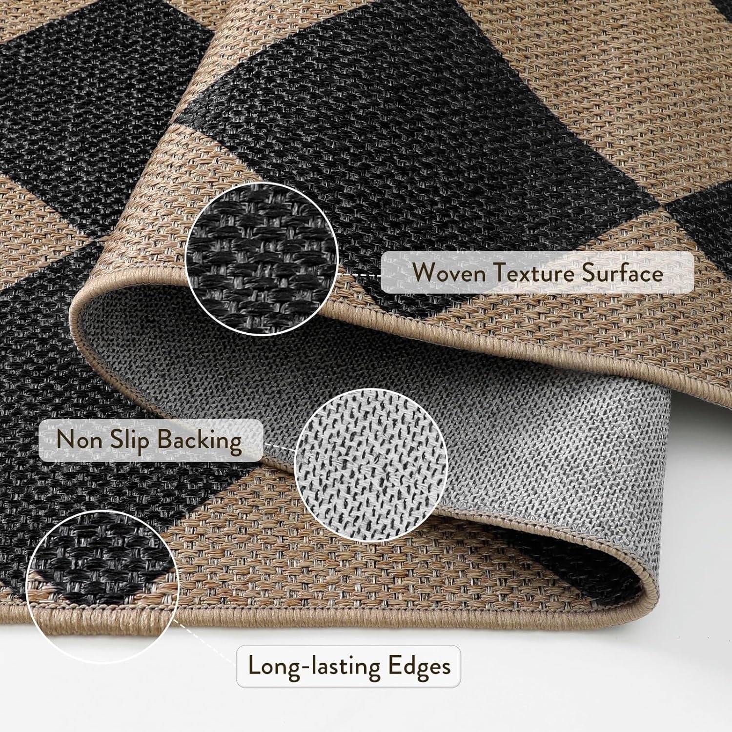 Lahome Colette Checkered Easy Jute Entry Rug 3x5 | Black Farmhouse Indoor/Outdoor Washable Rug