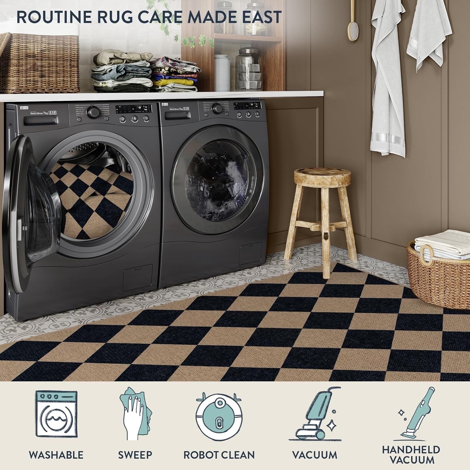 Lahome Colette Checkered Easy Jute Entry Rug 3x5 | Black Farmhouse Indoor/Outdoor Washable Rug
