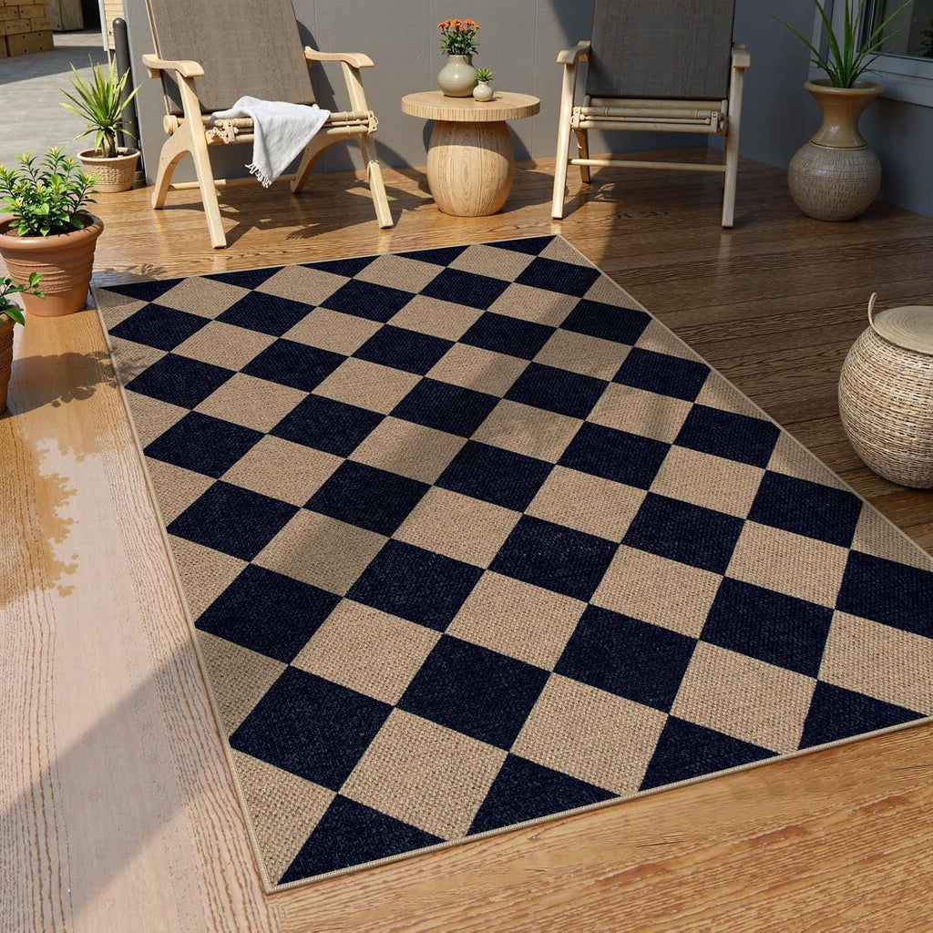 Lahome Colette Checkered Easy Jute Entry Rug 3x5 | Black Farmhouse Indoor/Outdoor Washable Rug