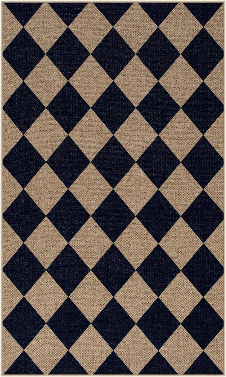 Lahome Colette Checkered Easy Jute Entry Rug 3x5 | Black Farmhouse Indoor/Outdoor Washable Rug