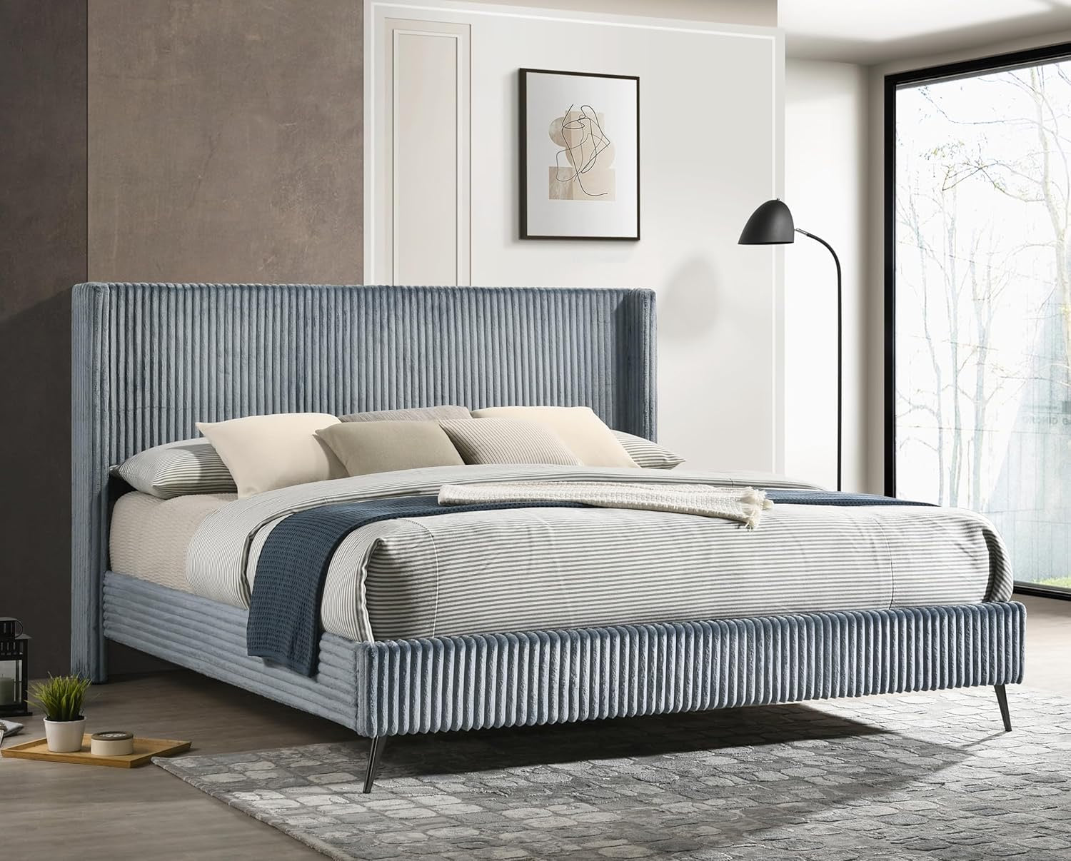 Blue Corduroy King Bed Set with Nightstands & Bench | Upholstered Panel Bed Bedroom Set