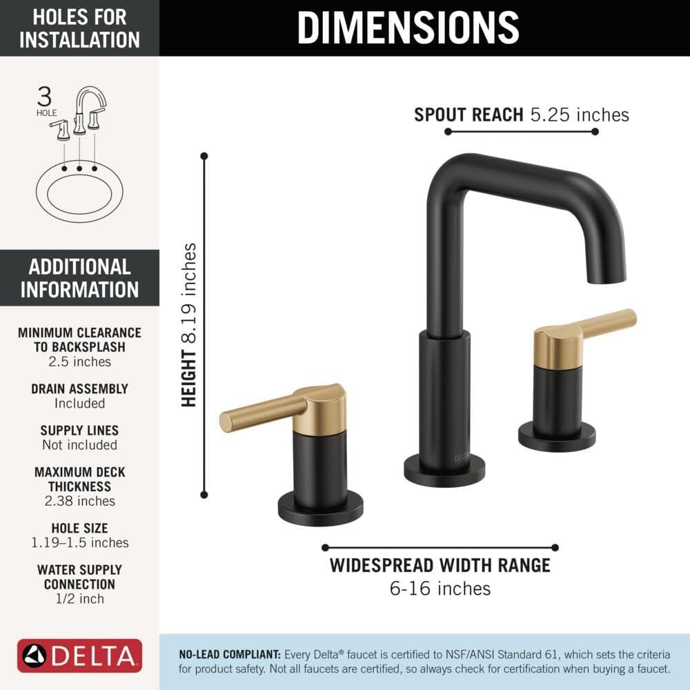 Delta Nicoli 8" Widespread Bathroom Faucet | Matte Black & Champagne Bronze Finish