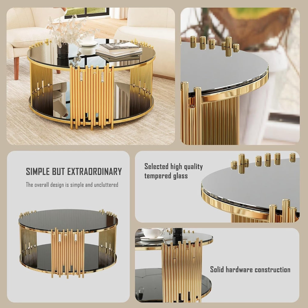 36” Round Glass Coffee Table | Modern Luxury 2-Tier Center Table with Gold Stainless Steel Base