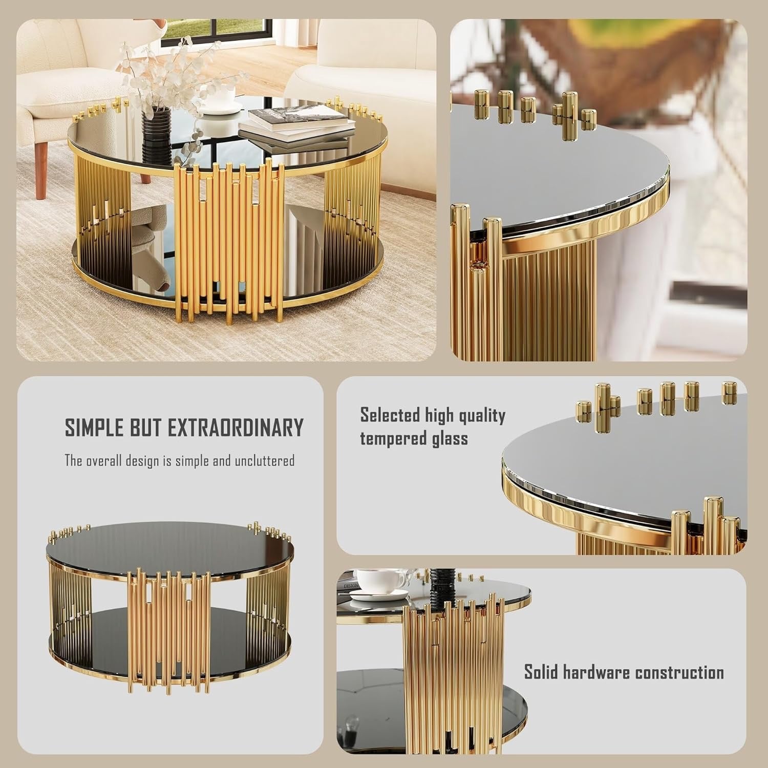 36” Round Glass Coffee Table | Modern Luxury 2-Tier Center Table with Gold Stainless Steel Base