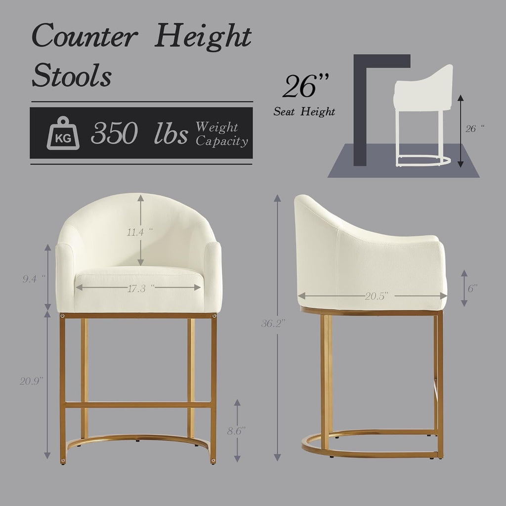 Counter Height Barrel Bar Stools Set of 3 Off White Linen | Modern Upholstered Kitchen Island Chairs with Gold Frame