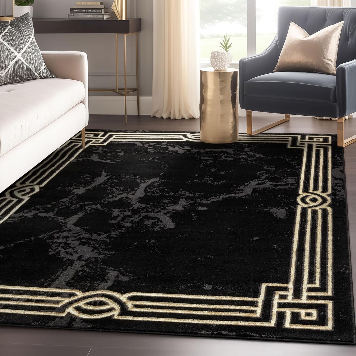Well Woven Lezlee Abstract Marble Border Area Rug | Black & Gold 9'3" x 12'6"
