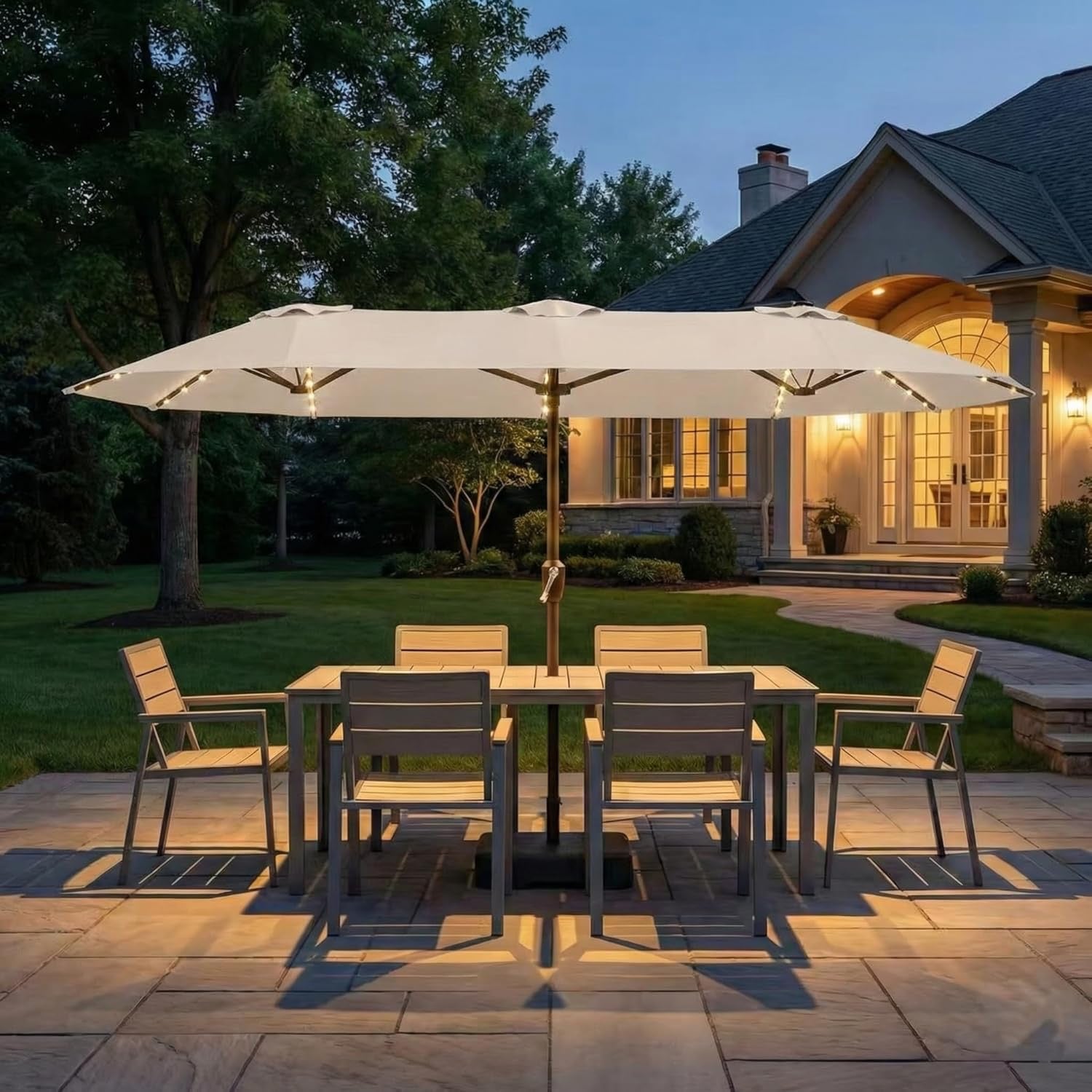 Kingdura 15’ Double-Sided Patio Umbrella with Solar LED Lights | Large Outdoor Market Umbrella with Base (Beige)