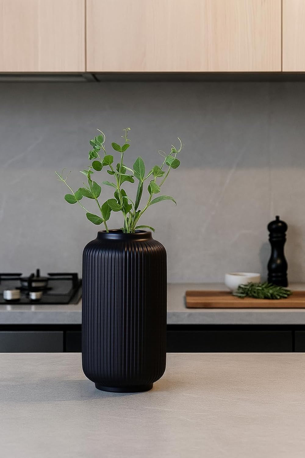 Black Ribbed Ceramic Vase (8”) | Modern Decorative Vase for Dried or Fresh Florals