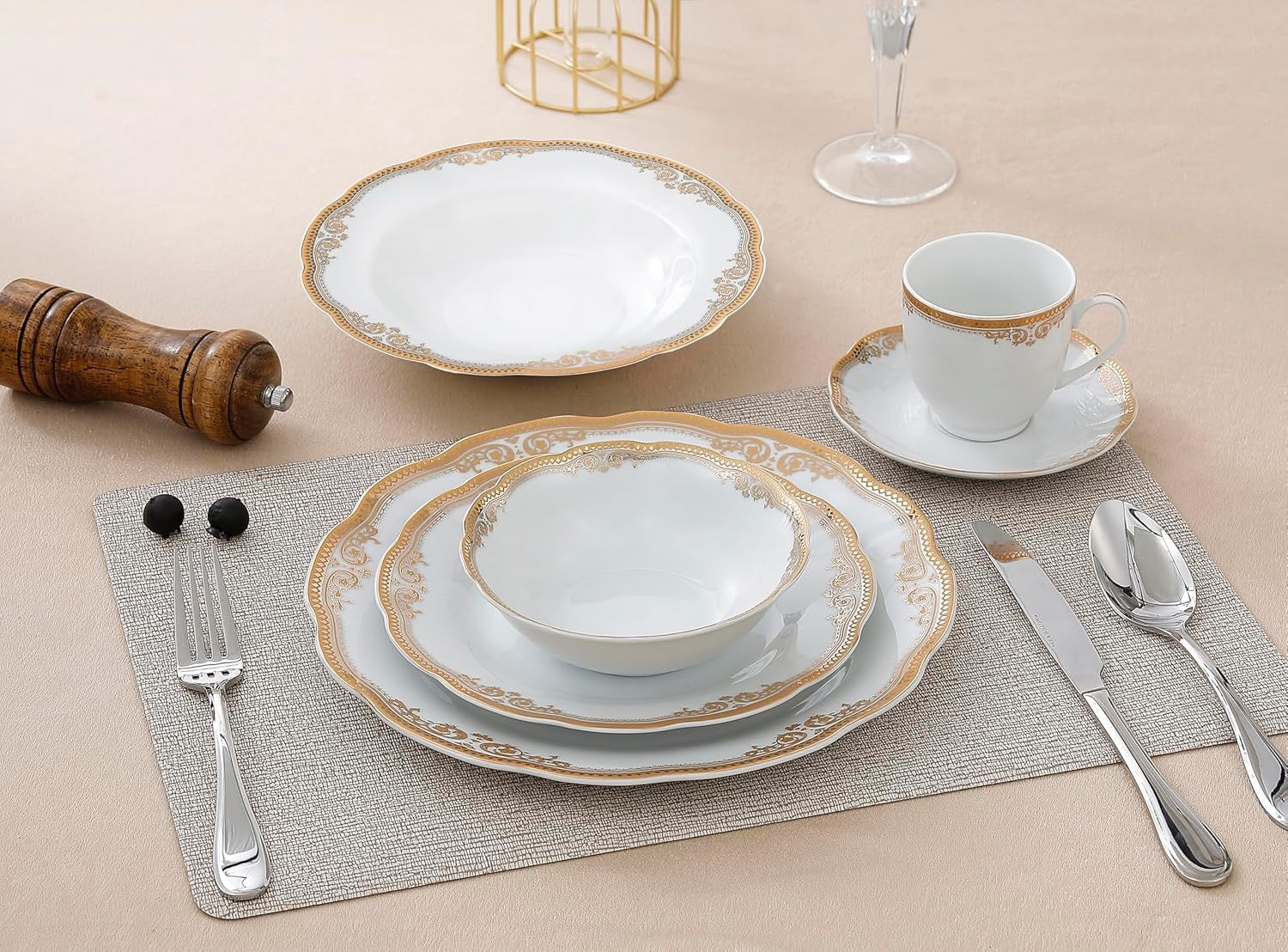 Lorren Home Trends Catherine 24 Piece Porcelain Dinnerware Set Gold | Elegant White Gold Trim Plates Cups Bowls Service for 4
