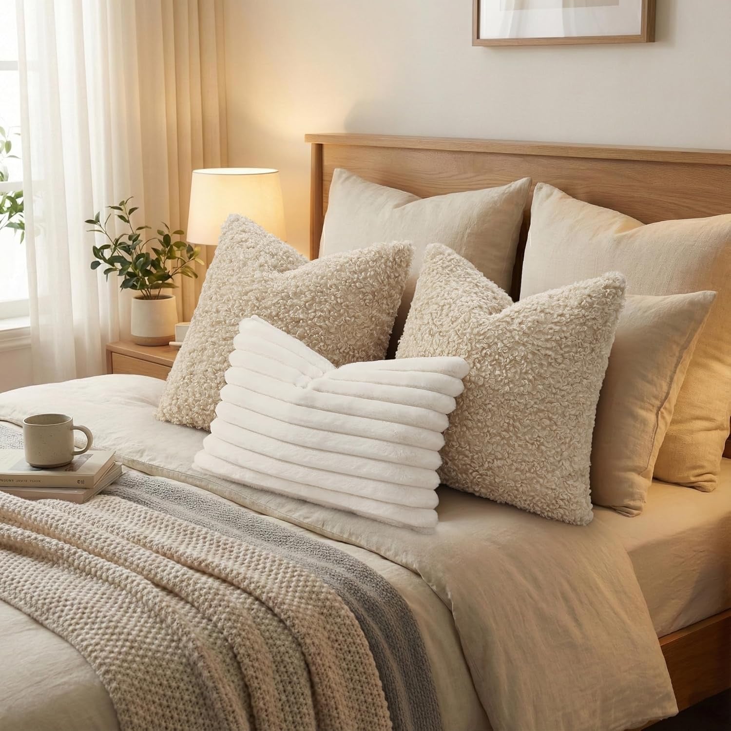 DecorUhome Faux Fur Sherpa Pillow Covers Set of 2 | 18x18 Neutral Oatmeal Decorative Cushion Covers