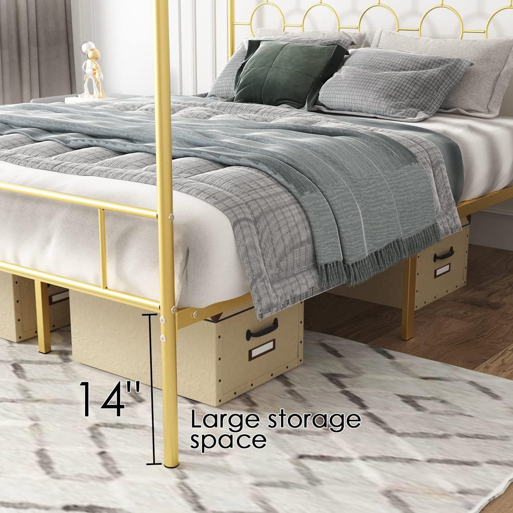 Gold Metal Canopy Bed Frame Queen | Modern Steel Platform Bed with Slat Support (No Box Spring Needed)
