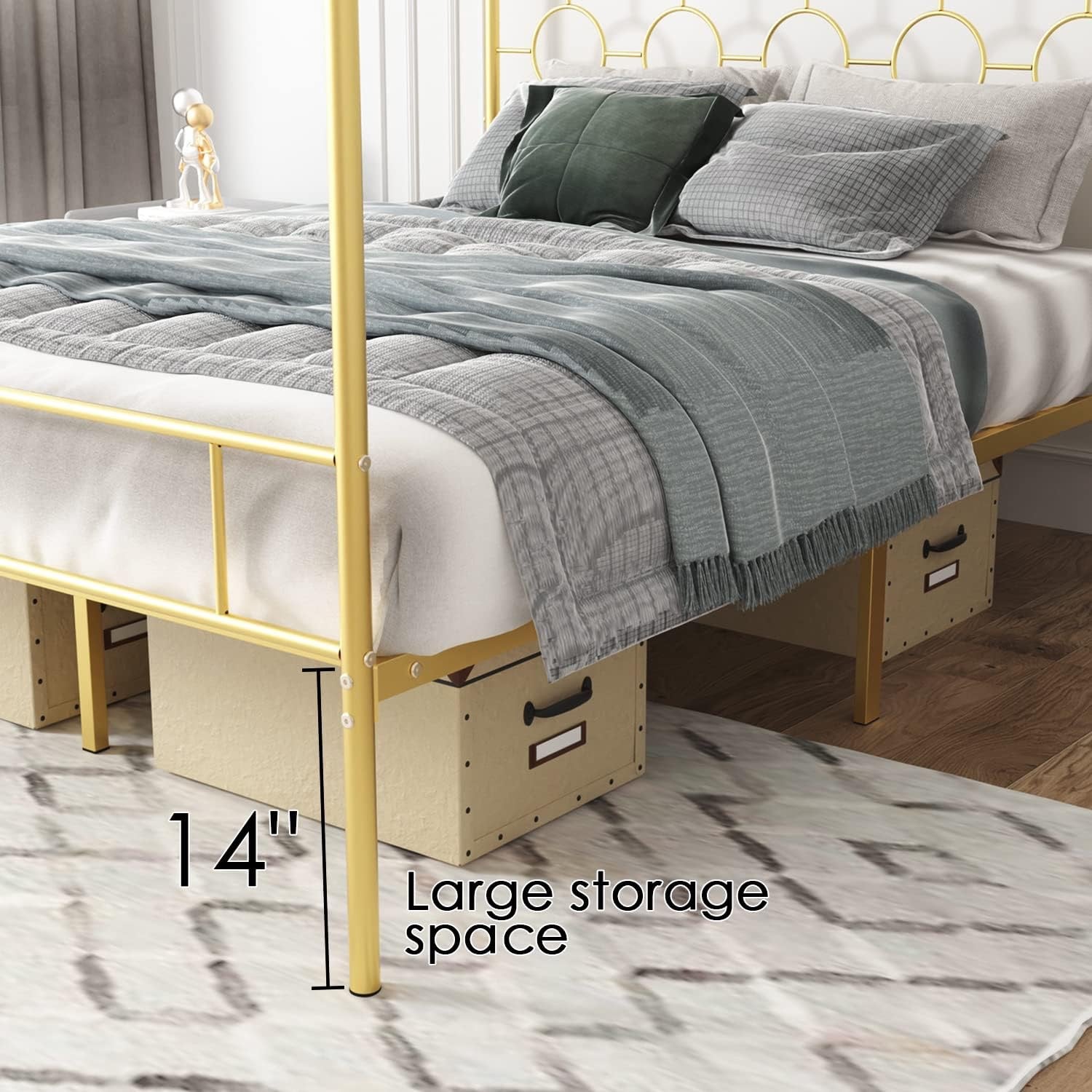 Gold Metal Canopy Bed Frame Queen | Modern Steel Platform Bed with Slat Support (No Box Spring Needed)