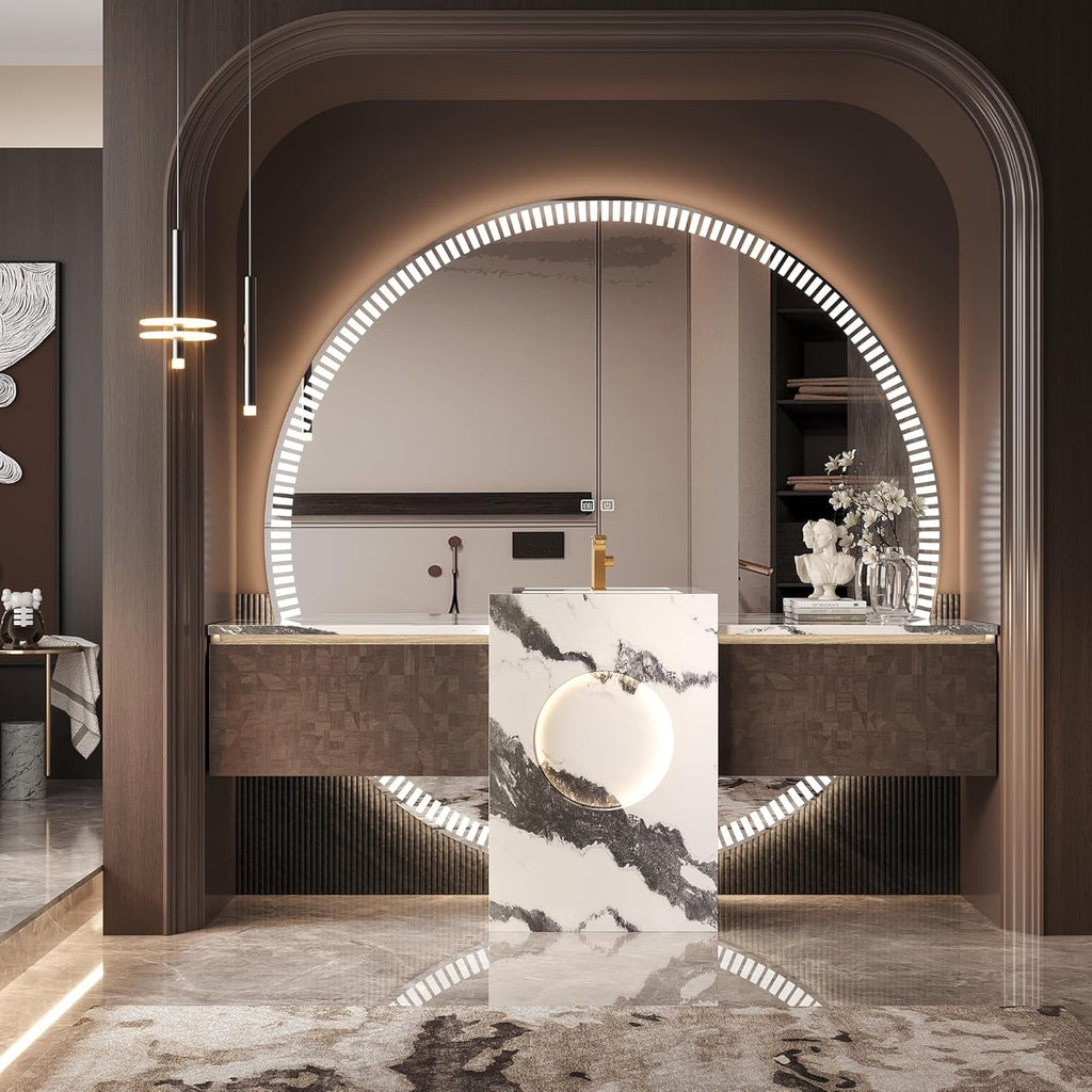 Luxury Solid Wood Floating Bathroom Vanity | Natural Stone Basin + LED Smart Mirror