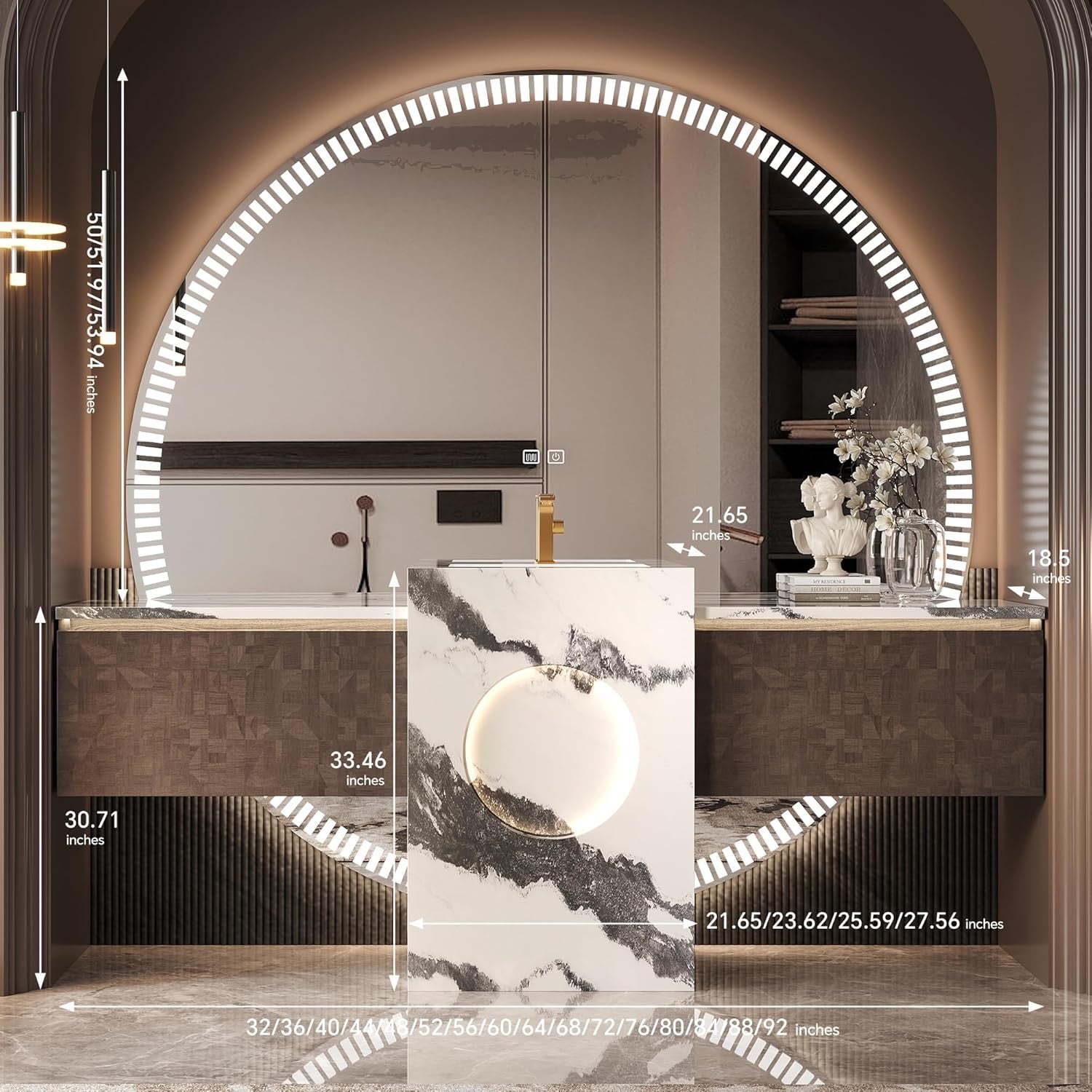 Luxury Solid Wood Floating Bathroom Vanity | Natural Stone Basin + LED Smart Mirror