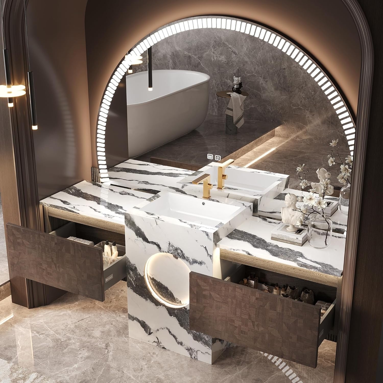 Luxury Solid Wood Floating Bathroom Vanity | Natural Stone Basin + LED Smart Mirror