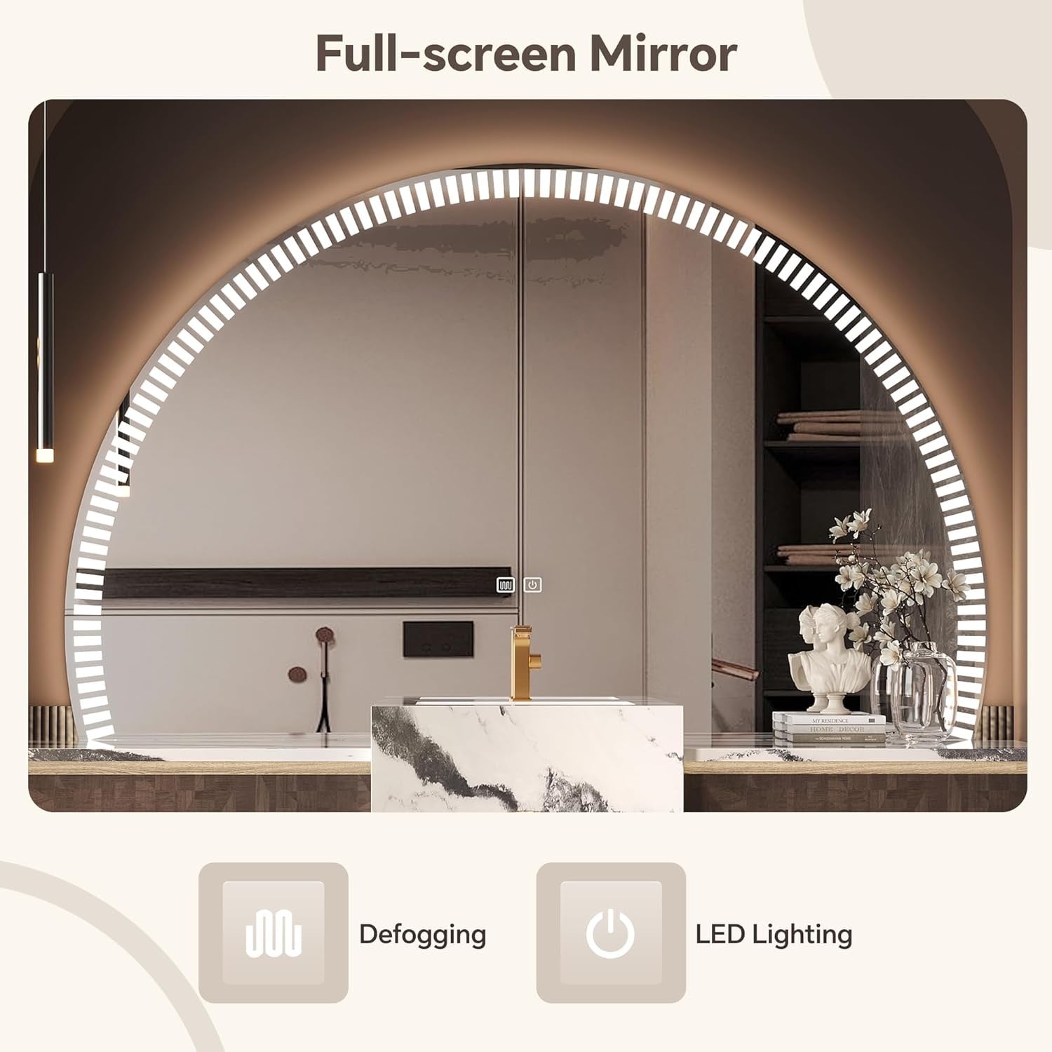 Luxury Solid Wood Floating Bathroom Vanity | Natural Stone Basin + LED Smart Mirror