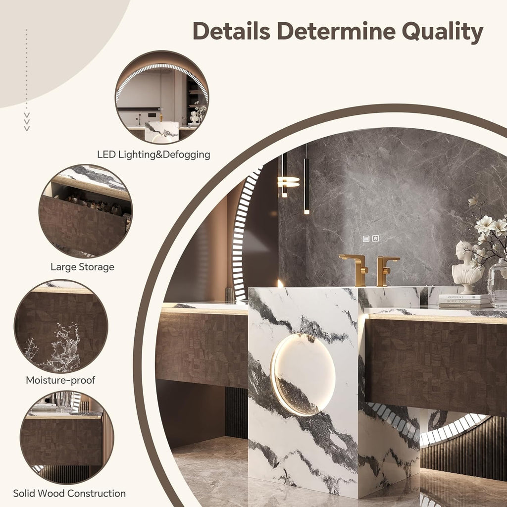 Luxury Solid Wood Floating Bathroom Vanity | Natural Stone Basin + LED Smart Mirror
