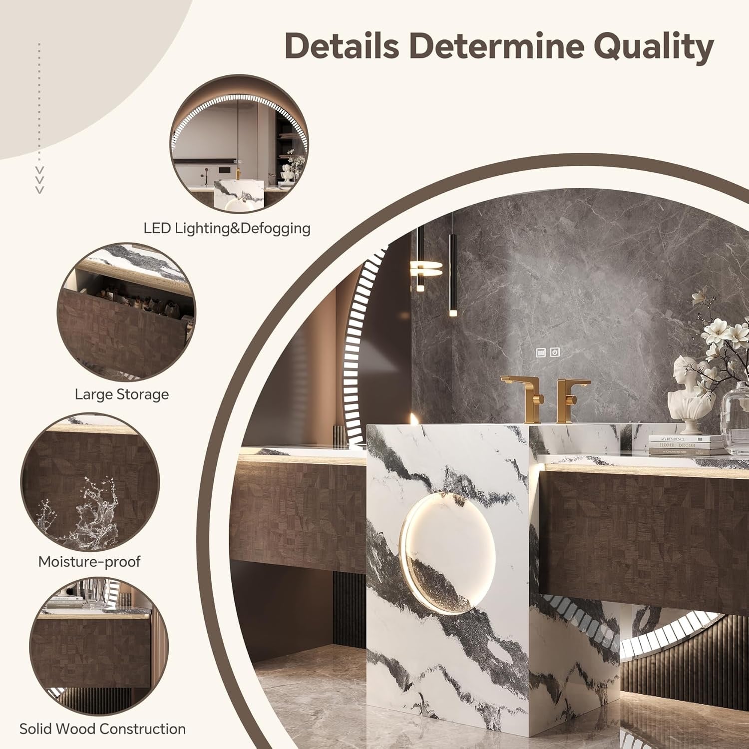 Luxury Solid Wood Floating Bathroom Vanity | Natural Stone Basin + LED Smart Mirror
