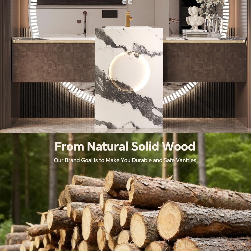 Luxury Solid Wood Floating Bathroom Vanity | Natural Stone Basin + LED Smart Mirror