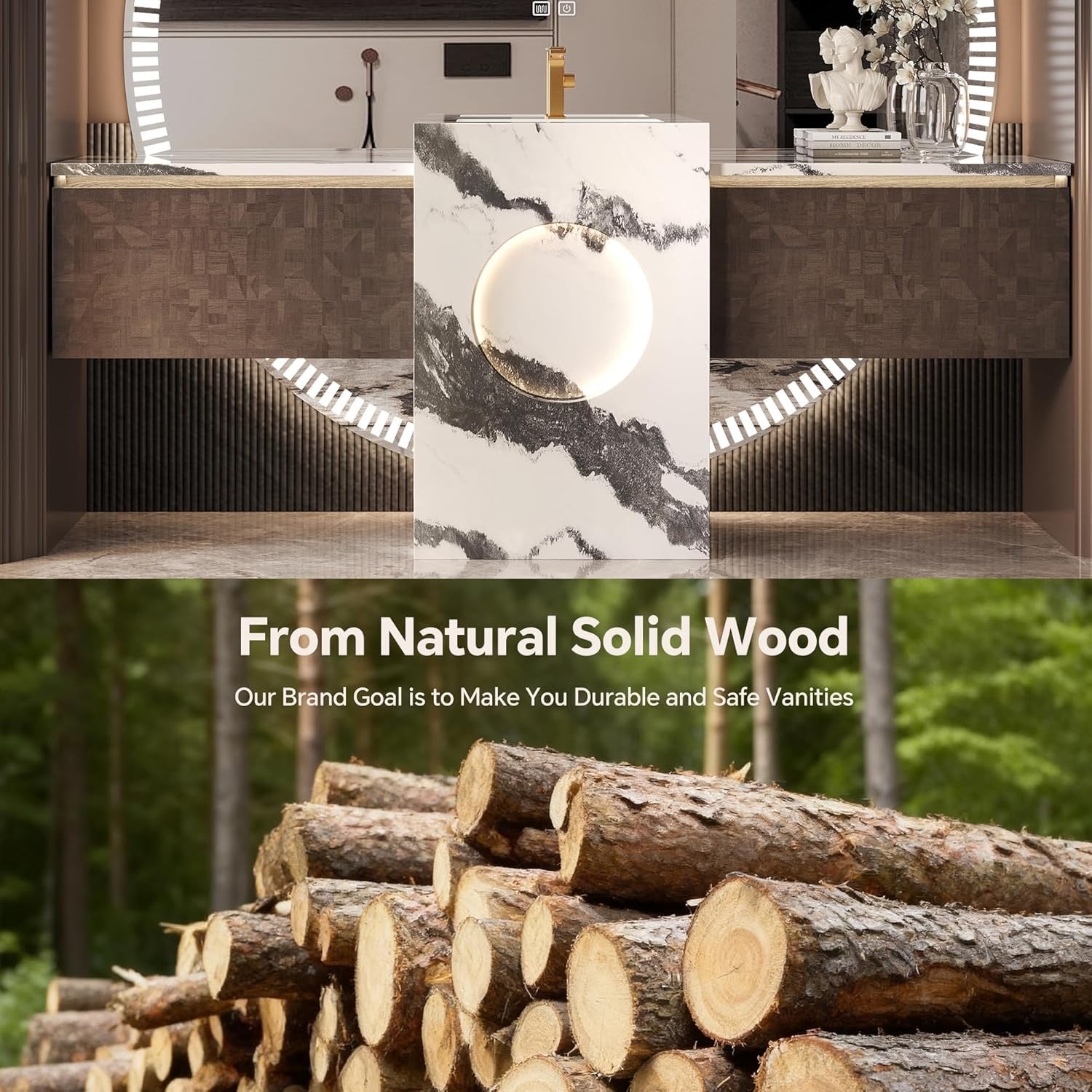 Luxury Solid Wood Floating Bathroom Vanity | Natural Stone Basin + LED Smart Mirror