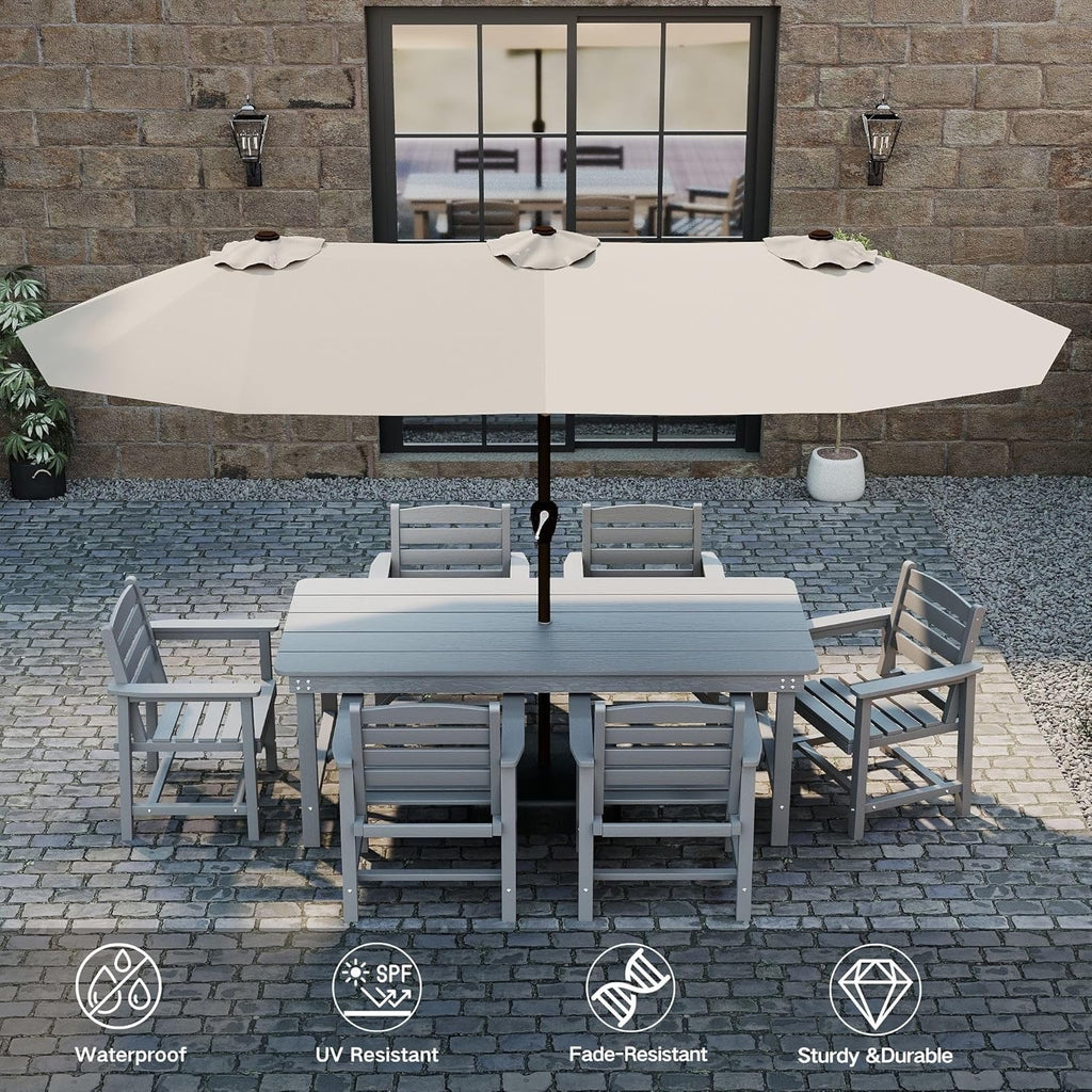 Kingdura 15’ Double-Sided Patio Umbrella with Solar LED Lights | Large Outdoor Market Umbrella with Base (Beige)