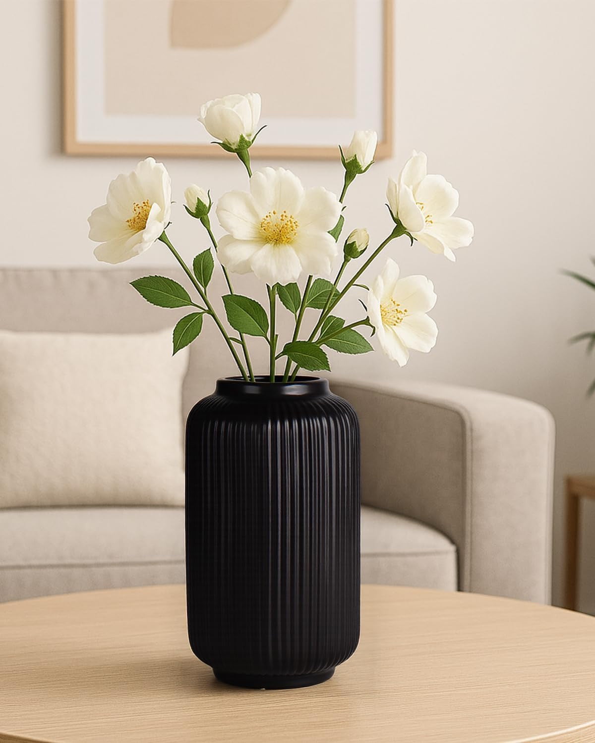 Black Ribbed Ceramic Vase (8”) | Modern Decorative Vase for Dried or Fresh Florals