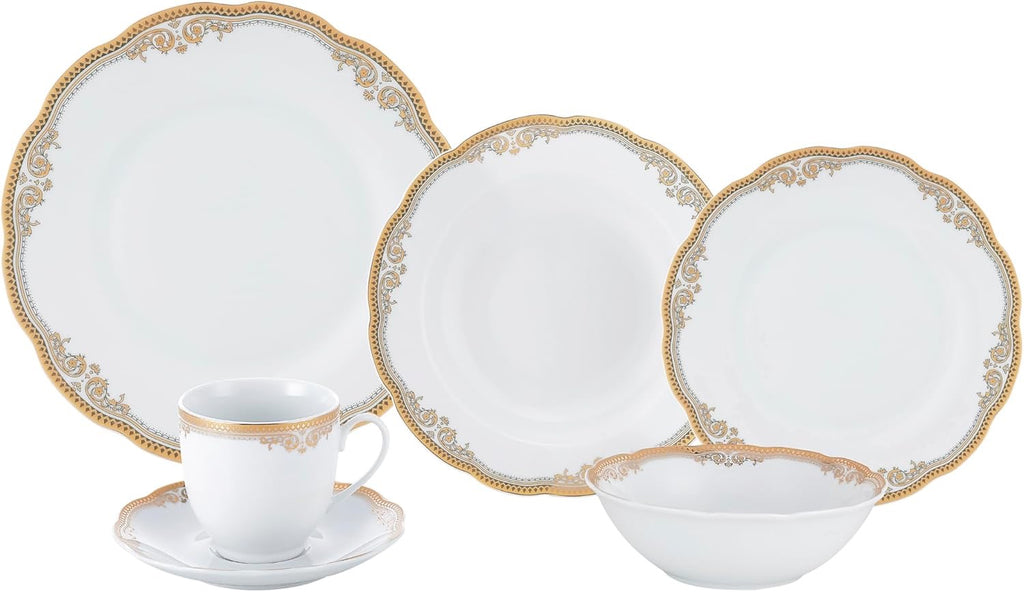Lorren Home Trends Catherine 24 Piece Porcelain Dinnerware Set Gold | Elegant White Gold Trim Plates Cups Bowls Service for 4
