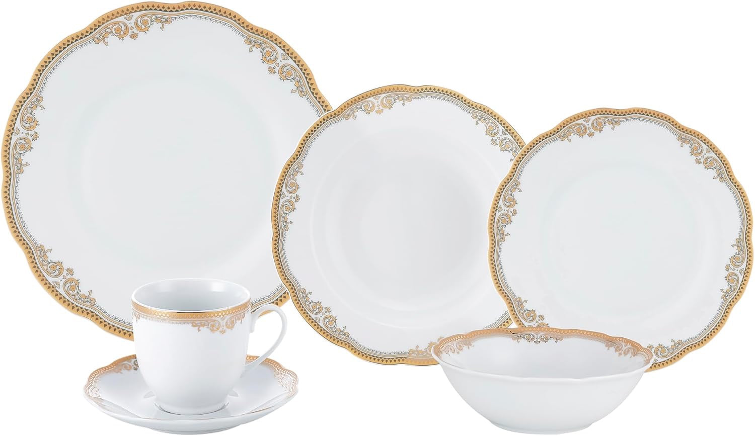 Lorren Home Trends Catherine 24 Piece Porcelain Dinnerware Set Gold | Elegant White Gold Trim Plates Cups Bowls Service for 4