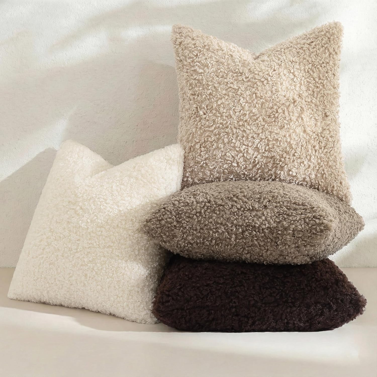DecorUhome Faux Fur Sherpa Pillow Covers Set of 2 | 18x18 Neutral Oatmeal Decorative Cushion Covers