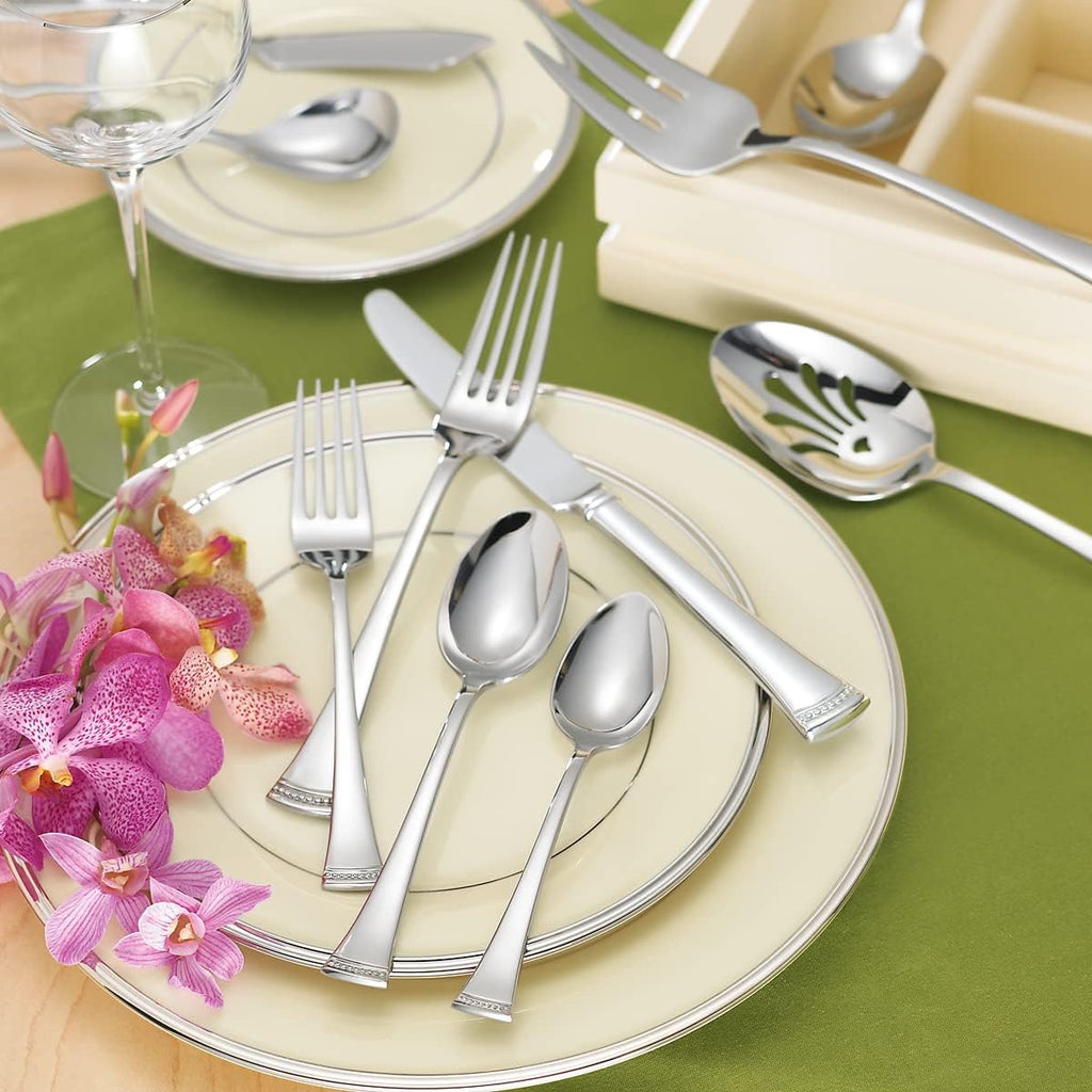 Lenox Portola 65-Piece Flatware Set | 18/10 Stainless Steel Silverware Set for 12 with Serving Utensils (Classic Elegant Cutlery Set)