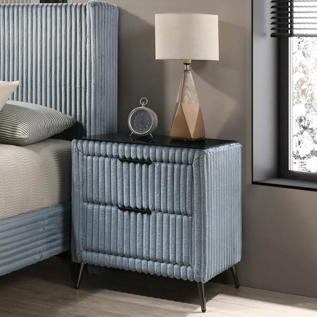 Blue Corduroy King Bed Set with Nightstands & Bench | Upholstered Panel Bed Bedroom Set