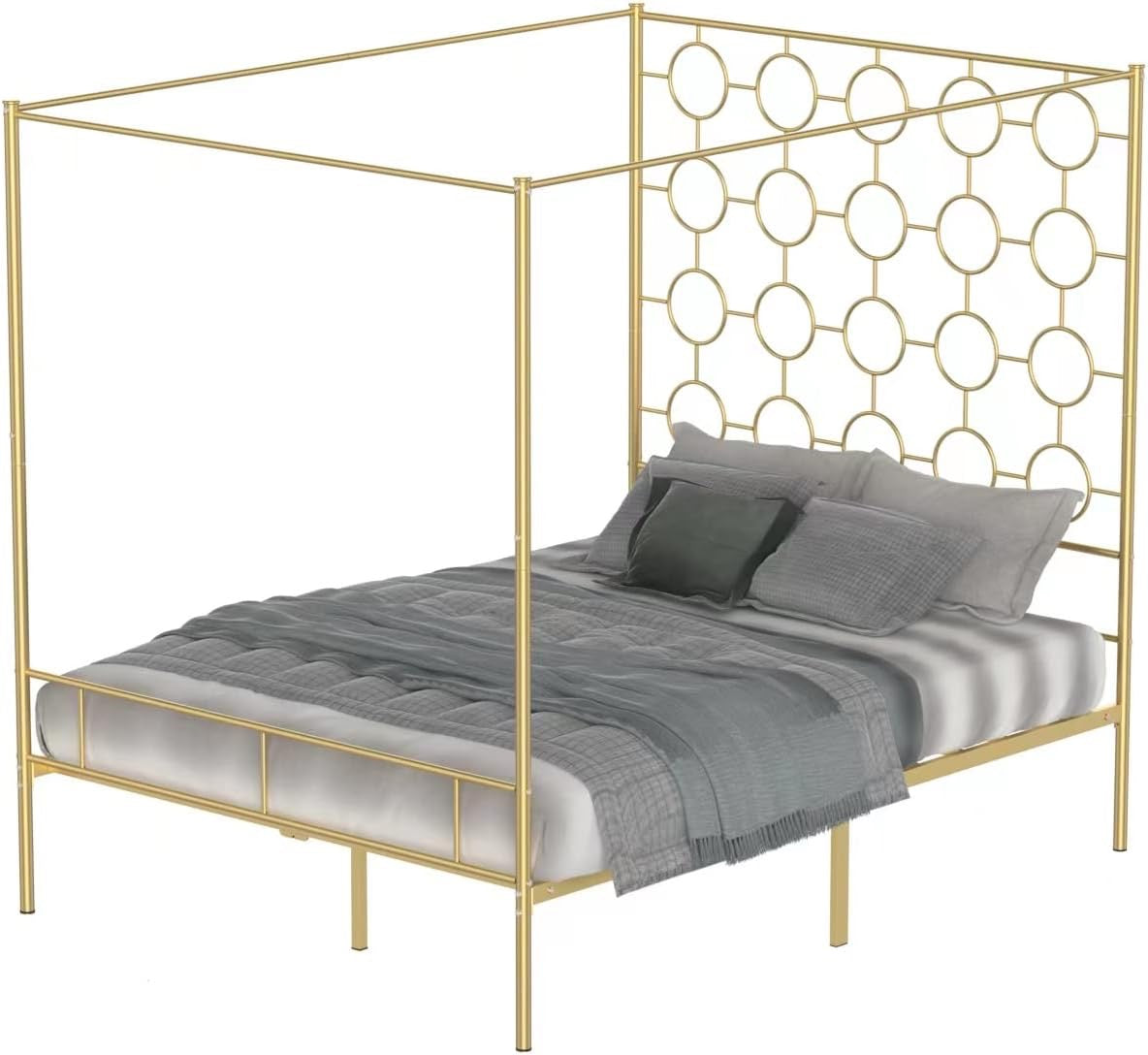 Gold Metal Canopy Bed Frame Queen | Modern Steel Platform Bed with Slat Support (No Box Spring Needed)