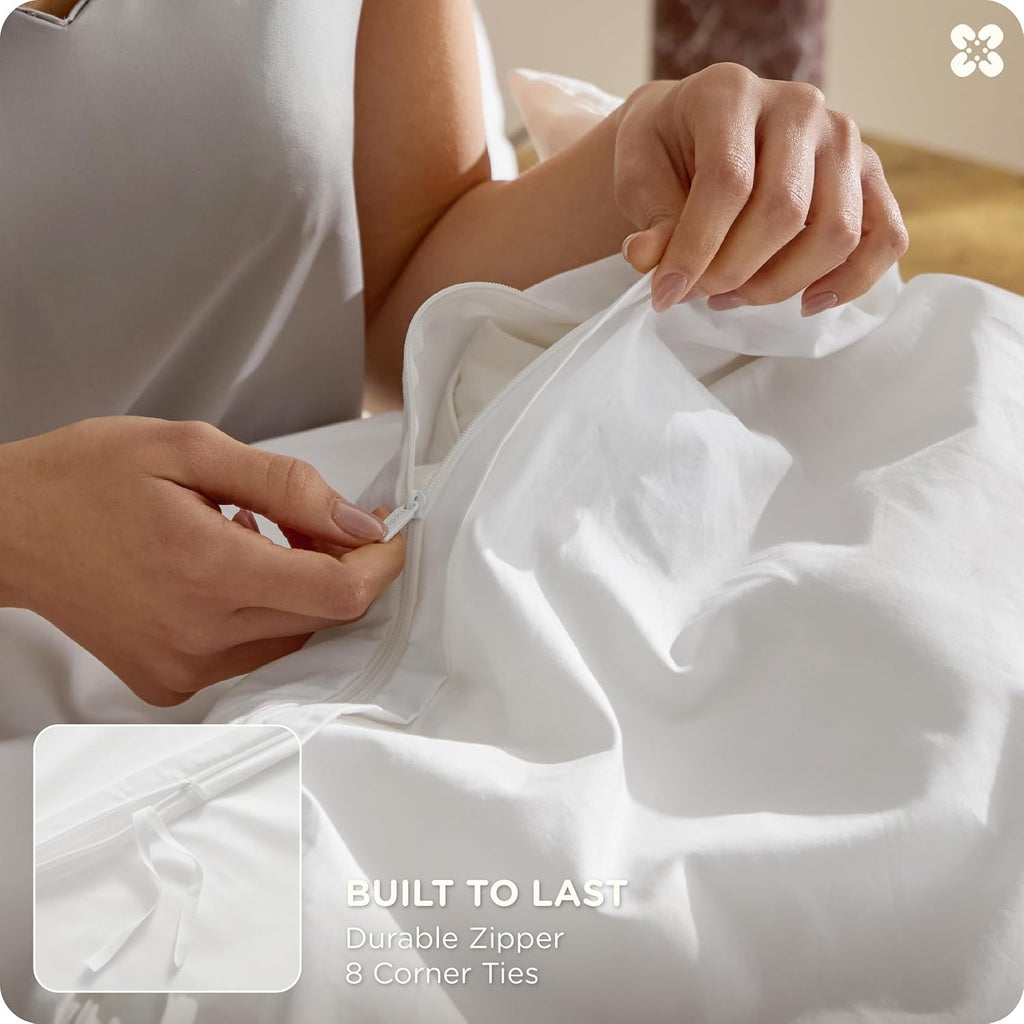 Bedsure Luxury Hotel Cotton Duvet Cover Set | White Frame Embroidery Bedding – Queen