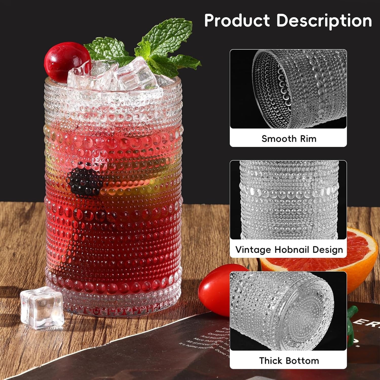 Moretoes Hobnail Drinking Glasses Set of 6 | 12 oz Highball & 10 oz Cocktail Glasses | Vintage Embossed Clear Glassware