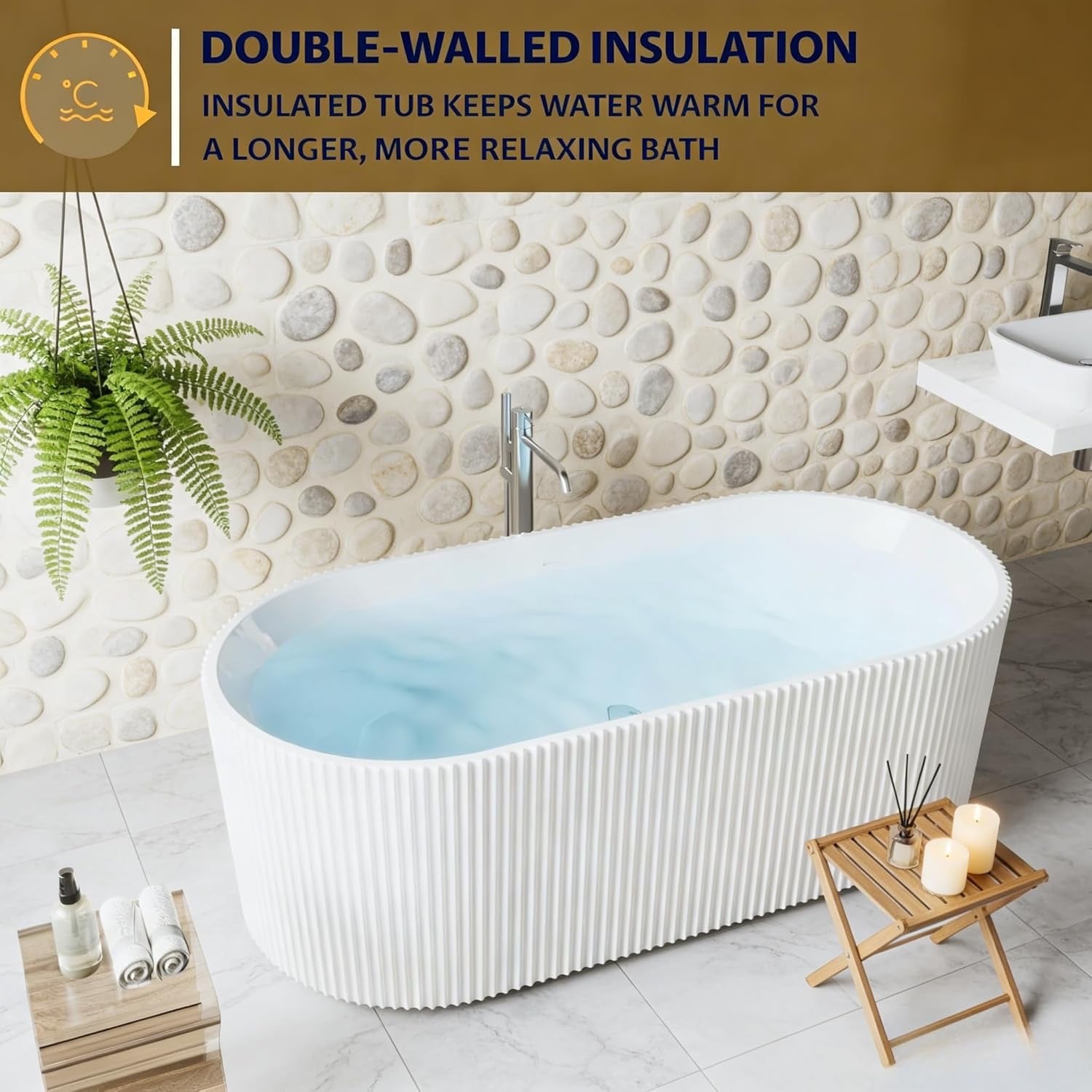 Acrylic Freestanding Deep Soaking Bathtub – Contemporary White Stand-Alone Spa Tub