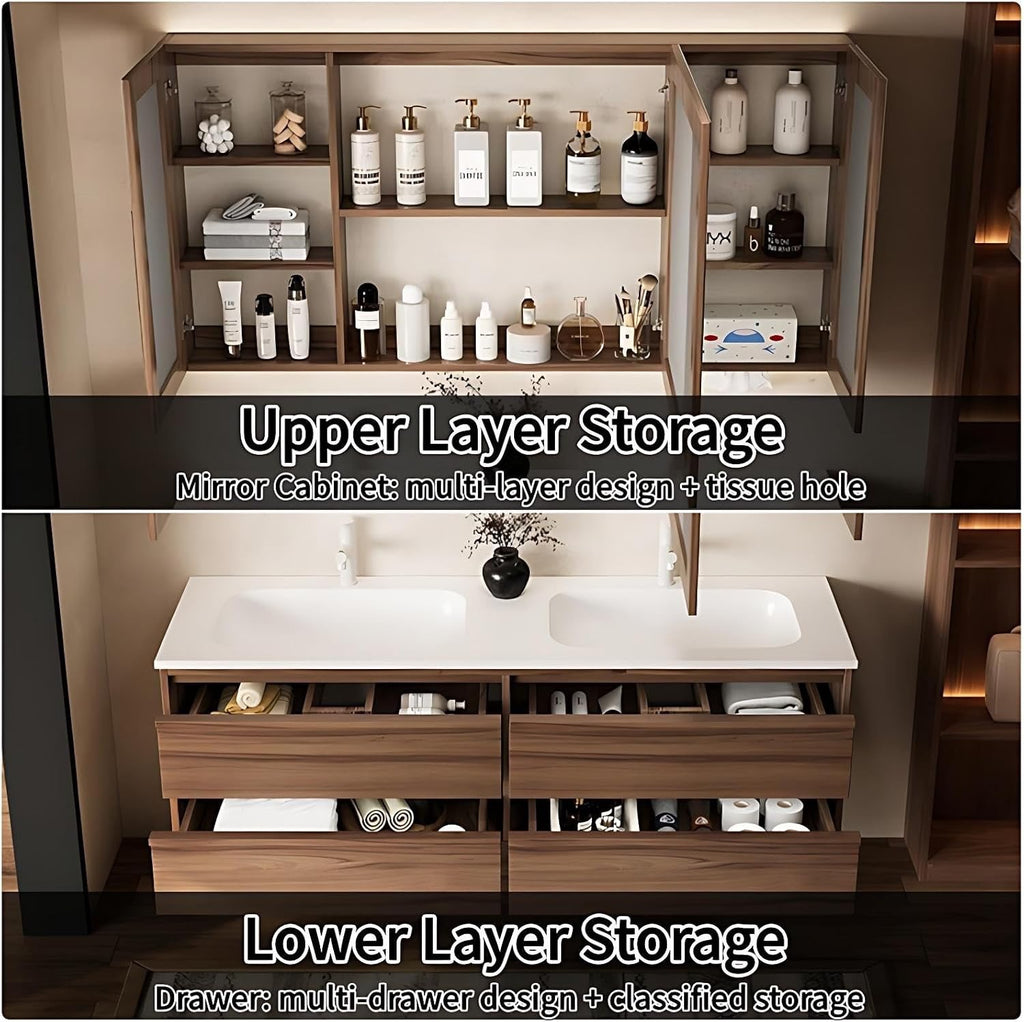 Genpai 64" Double Sink Bathroom Vanity with Smart LED Mirror | Corian Countertop | 4 Drawers