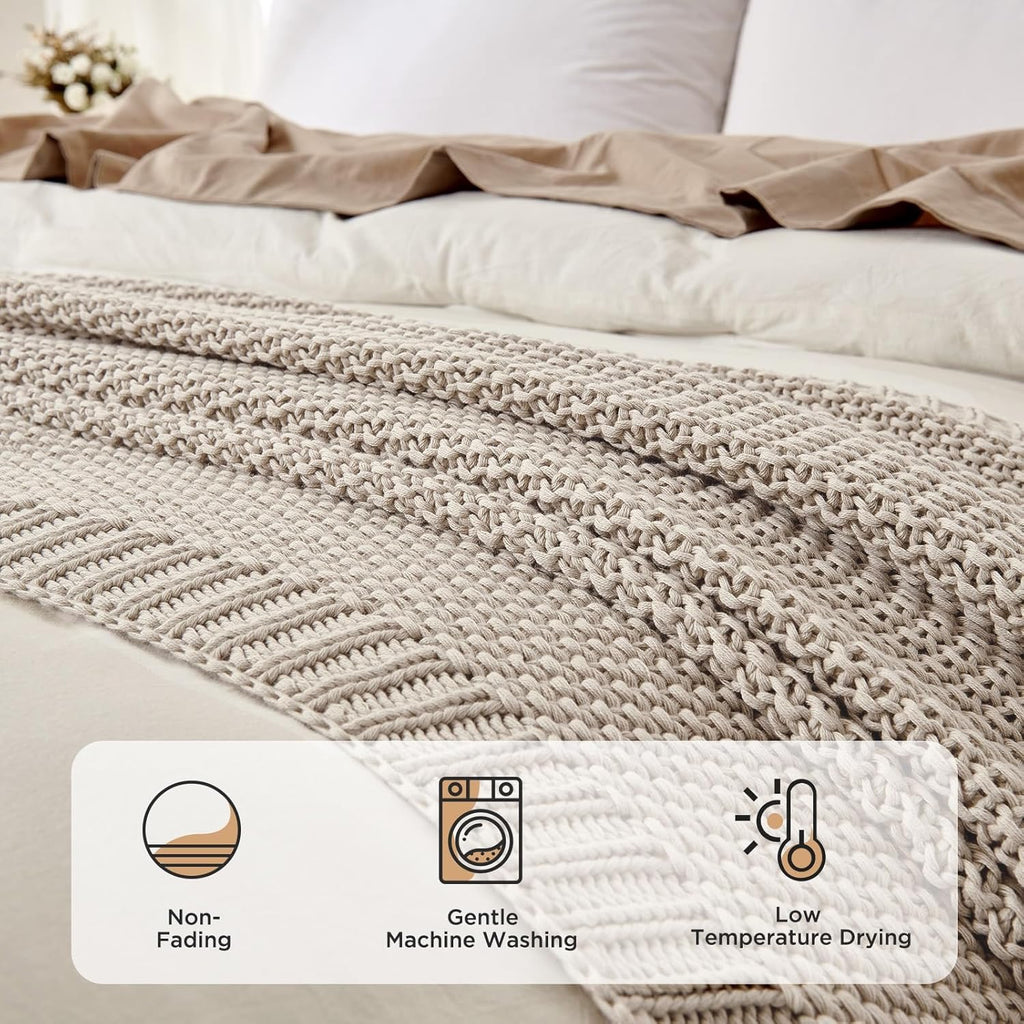 Joydeco Chunky Cable Knit Throw Blanket | Organic Cotton Cozy Knit Blanket (Beige, 51” x 63”)