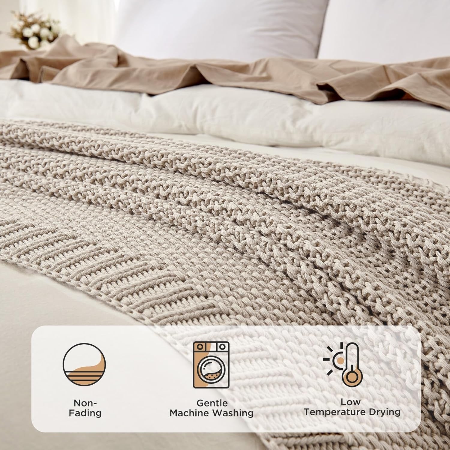 Joydeco Chunky Cable Knit Throw Blanket | Organic Cotton Cozy Knit Blanket (Beige, 51” x 63”)
