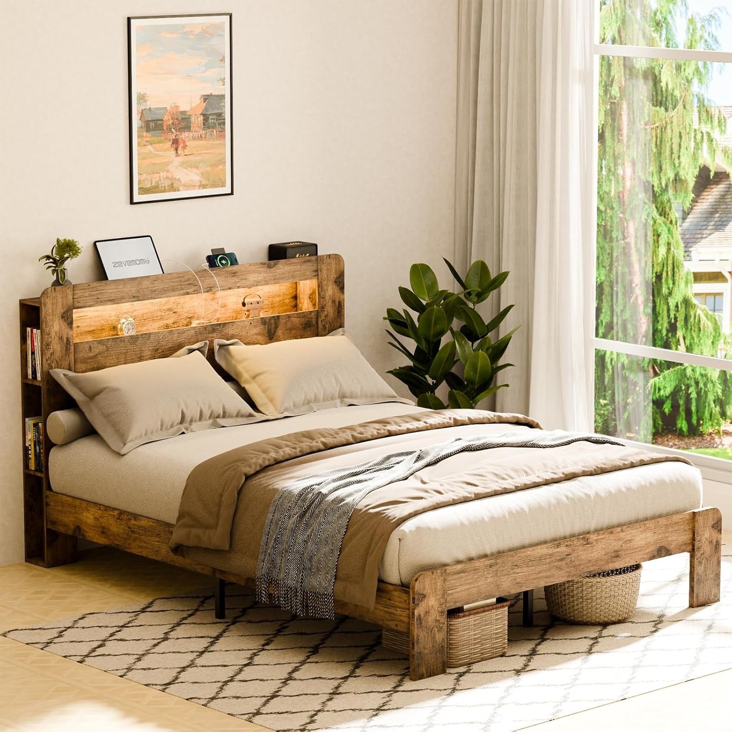 Zevemomo King Wood Bed Frame with Headboard | LED Lighting & Charging Station | Dark Brown Modern Platform Bed