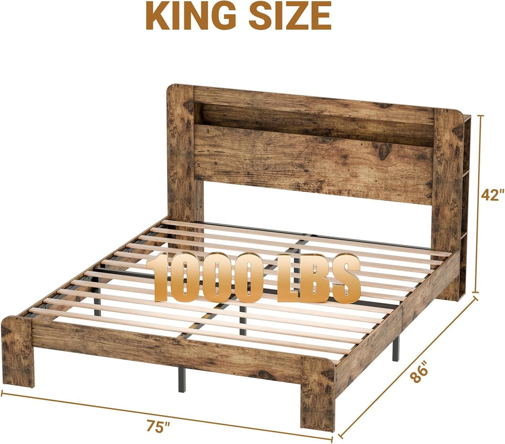 Zevemomo King Wood Bed Frame with Headboard | LED Lighting & Charging Station | Dark Brown Modern Platform Bed