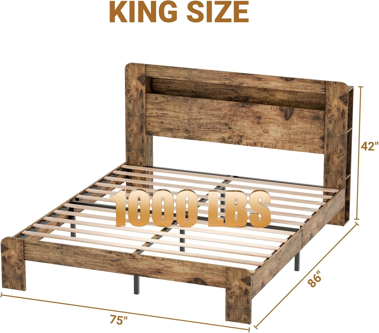 Zevemomo King Wood Bed Frame with Headboard | LED Lighting & Charging Station | Dark Brown Modern Platform Bed