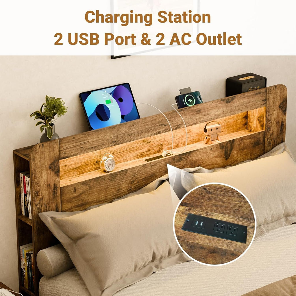 Zevemomo King Wood Bed Frame with Headboard | LED Lighting & Charging Station | Dark Brown Modern Platform Bed