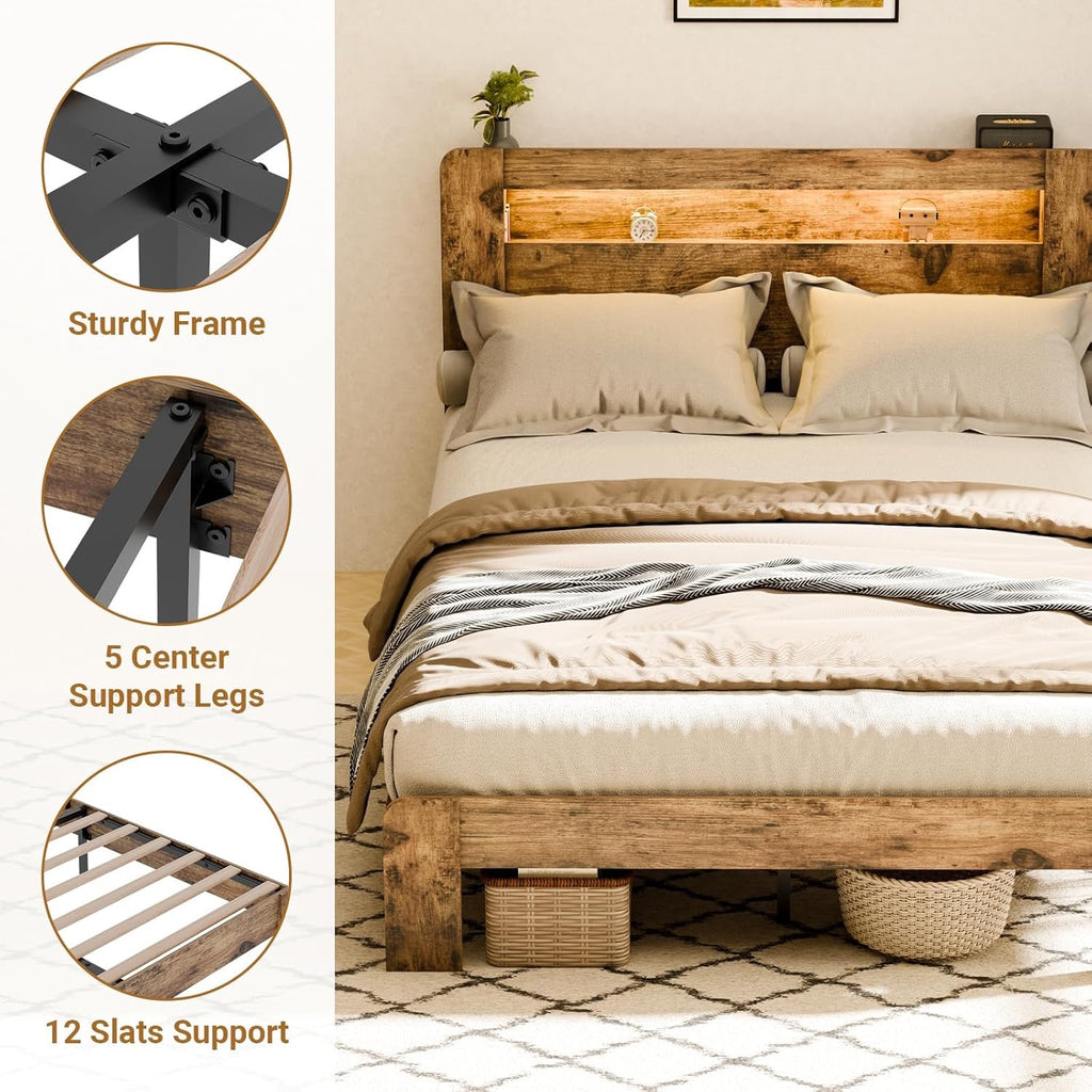 Zevemomo King Wood Bed Frame with Headboard | LED Lighting & Charging Station | Dark Brown Modern Platform Bed