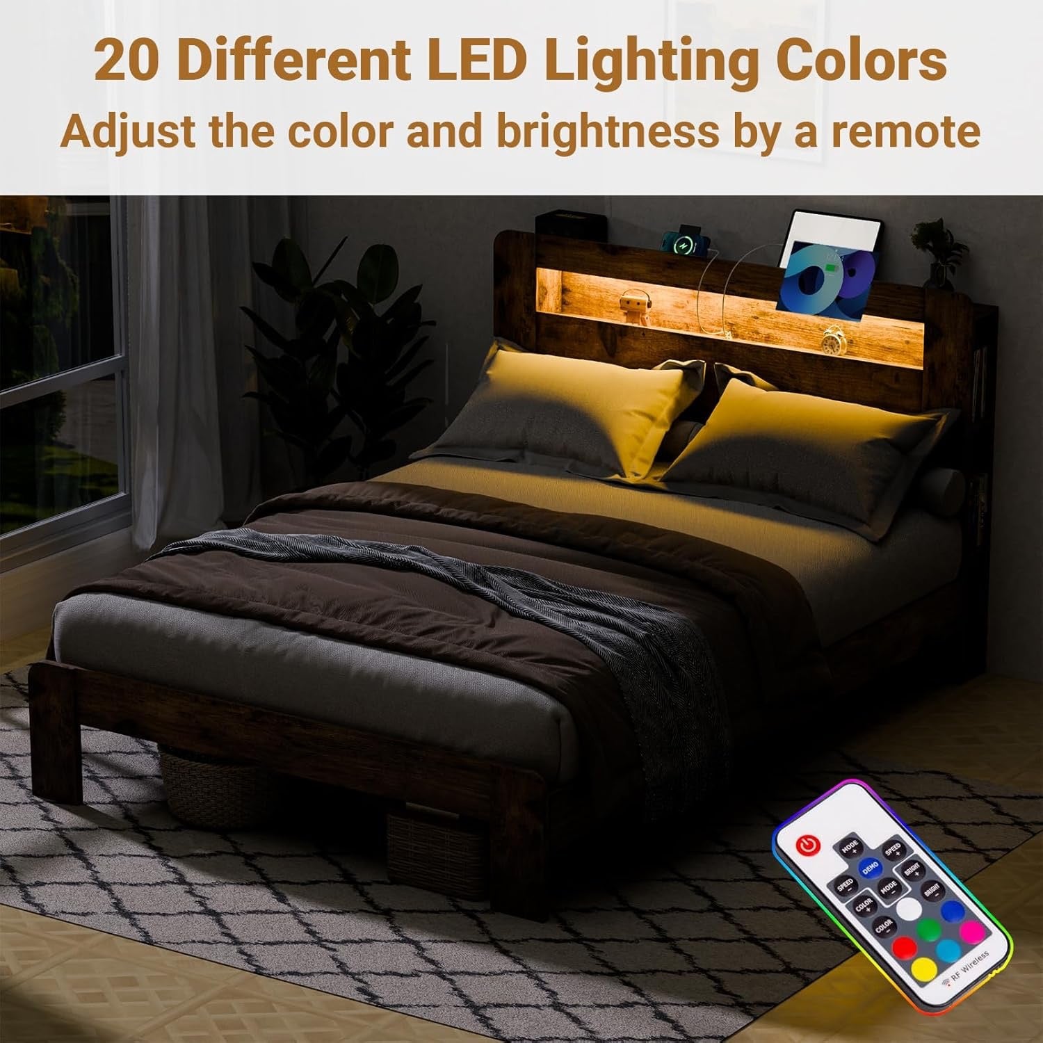 Zevemomo King Wood Bed Frame with Headboard | LED Lighting & Charging Station | Dark Brown Modern Platform Bed